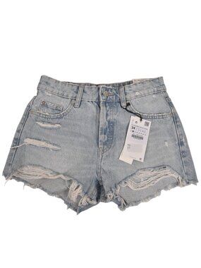 NWT Zara Light Wash  Jean Shorts High Rise Distressed Button Fly Size 2